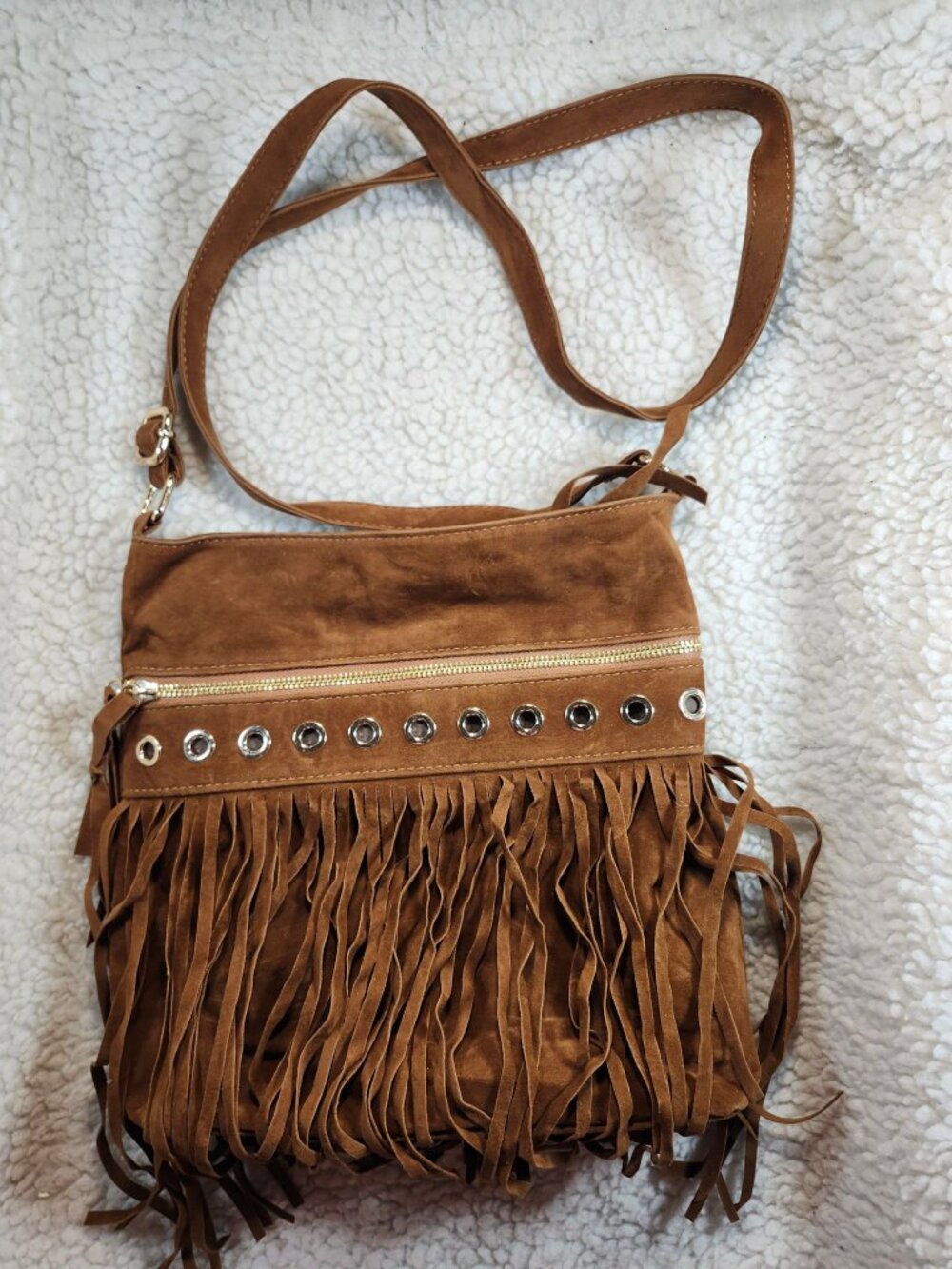 Fringe Faux  Suede Crossbody Bag Brown Grommet Zipper Adjustable Strap Boho